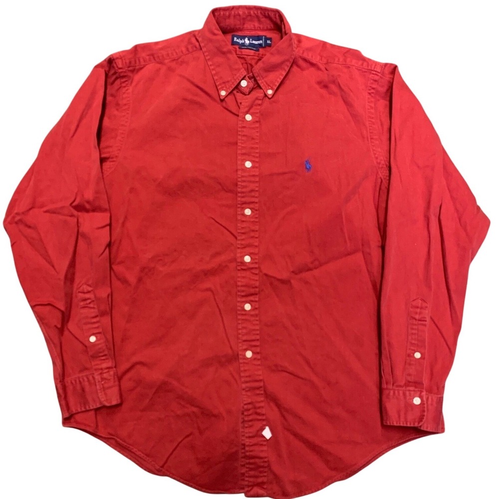 Ralph Lauren Mens XL Red Button Down Shirt Long Sleeve Cotton Twill Blue Pony‎